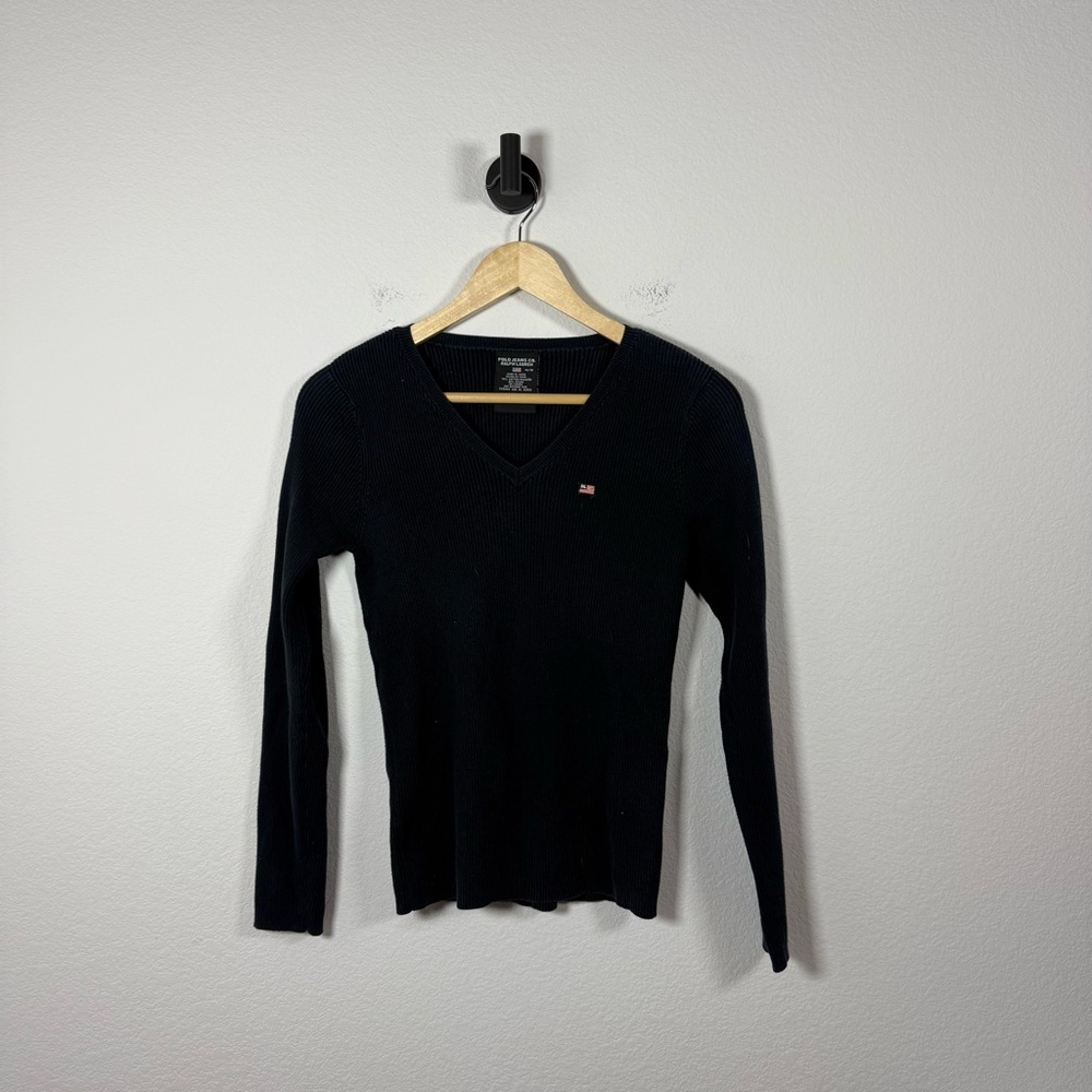 Vintage Polo Jeans Ralph Lauren V-Neck Ribbed Sweater Navy Blue M - Picture 2 of 8